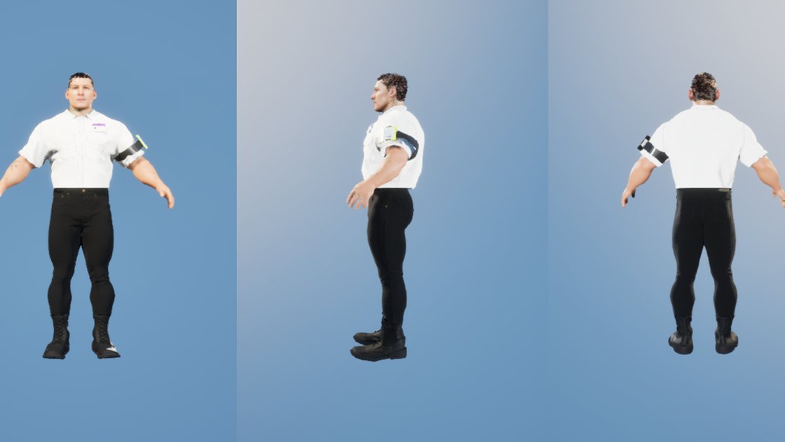 The same doorman front, side and back in a white short-sleeved shirt, black trousers and black boots, with a purple-banded name badge on his left chest and a black licence armband on his left sleeve.