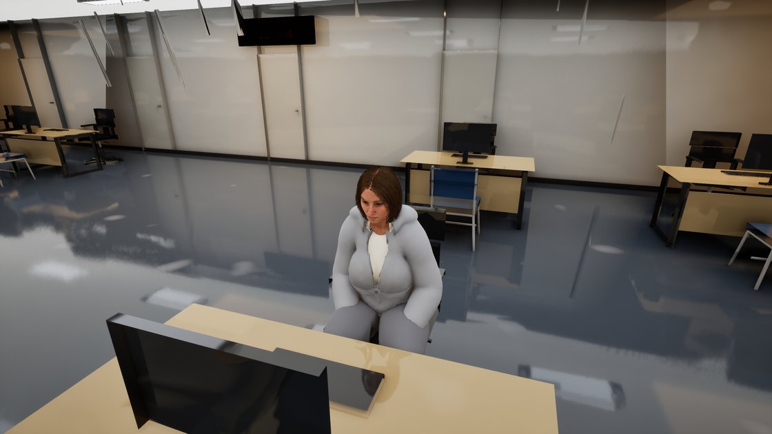 A job centre adviser seated at a desk under flat strip lighting, rows of empty desks, monitors and blue chairs receding behind her.