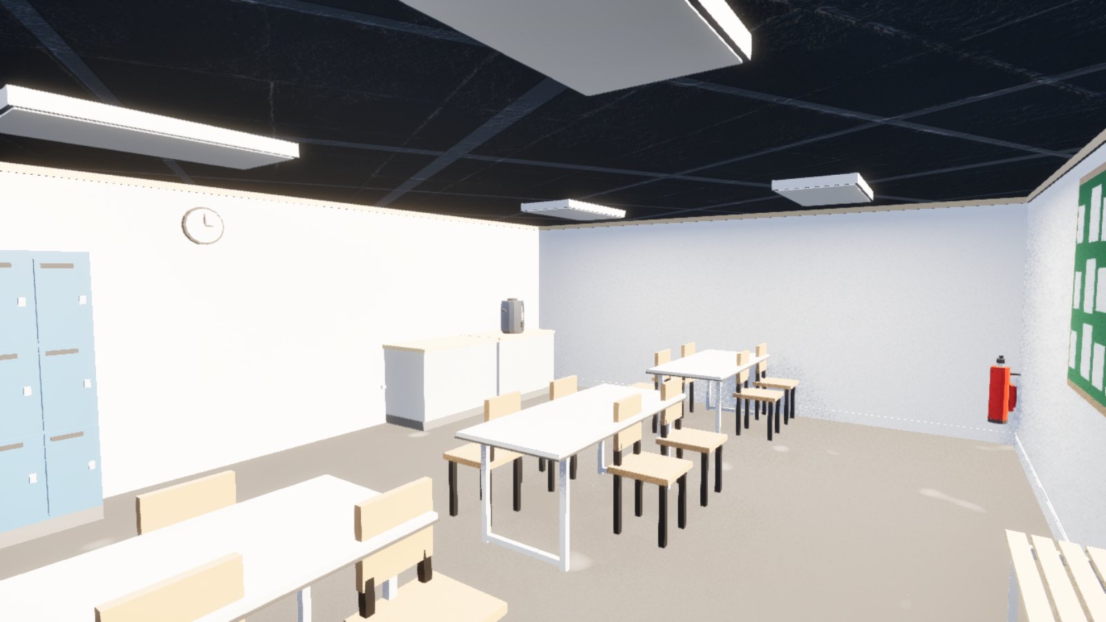 A staff canteen with white folding tables and wooden chairs, pale blue lockers along one wall, a clock, a serving counter with a stainless tea urn on it, a red fire extinguisher and a green noticeboard.