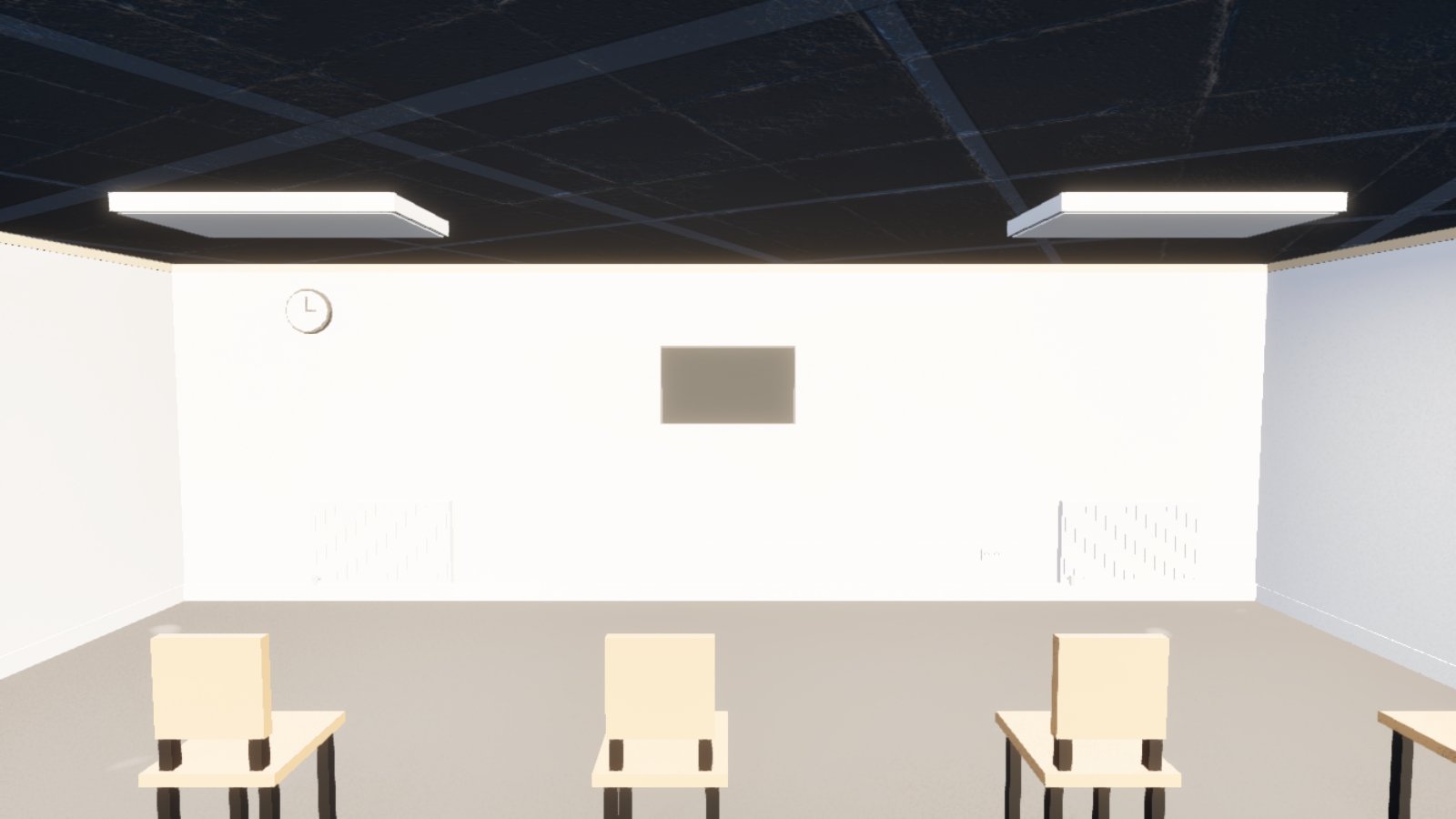 An empty training room at a council depot with a row of light wood chairs facing a blank grey wall-mounted television, a round clock, ceiling strip lights and a dark suspended ceiling grid.