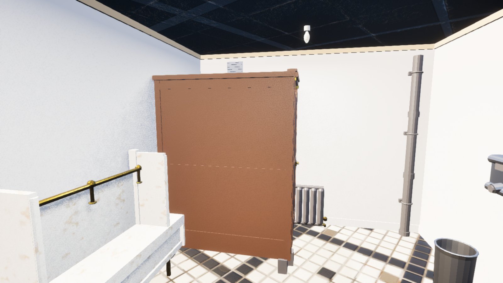 A staff Gents toilet with a black and white tiled floor, a white urinal trough with a brass rail, a brown cubicle door, a radiator, a soil pipe and a metal waste bin.