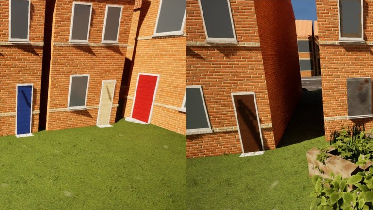 The backs of orange-brick houses on a lawn shown twice: on the left a blue back door and a clean window, on the right the same door and window behind rusty steel screens with a tangle of weeds and a broken wooden planter in front.