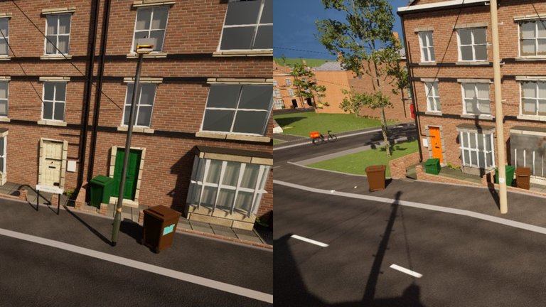 A red-brick terrace street shown twice side by side: on the left a cream front door and a white-framed bay window, on the right the same house with grey steel screens over the door and the bay and grimy film over the upstairs windows.