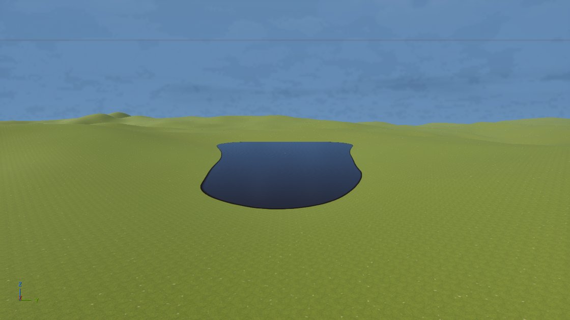 A dark, still pool sunk into rolling green ground under a cloudy blue sky, its edge clipped cleanly by the grass, seen in an editor viewport with an axis marker in the corner.
