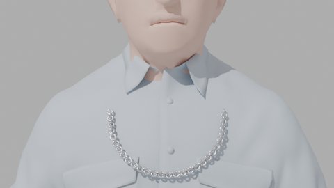 A grey untextured render of a man's chest in a pale button shirt, with a silver link chain hanging low across the front of the shirt, its ends stopping in mid-air.
