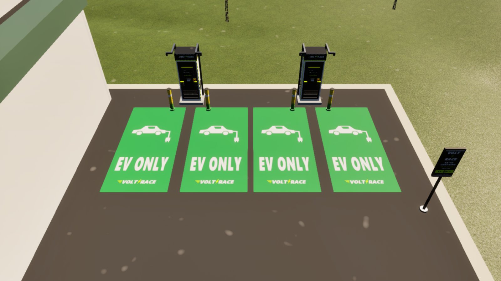The same forecourt with four green parking bays the right way up, each showing a white car outline with a charging plug, EV ONLY in large white letters and a small VOLT RACE logo, in front of two black and white chargers between yellow bollards.
