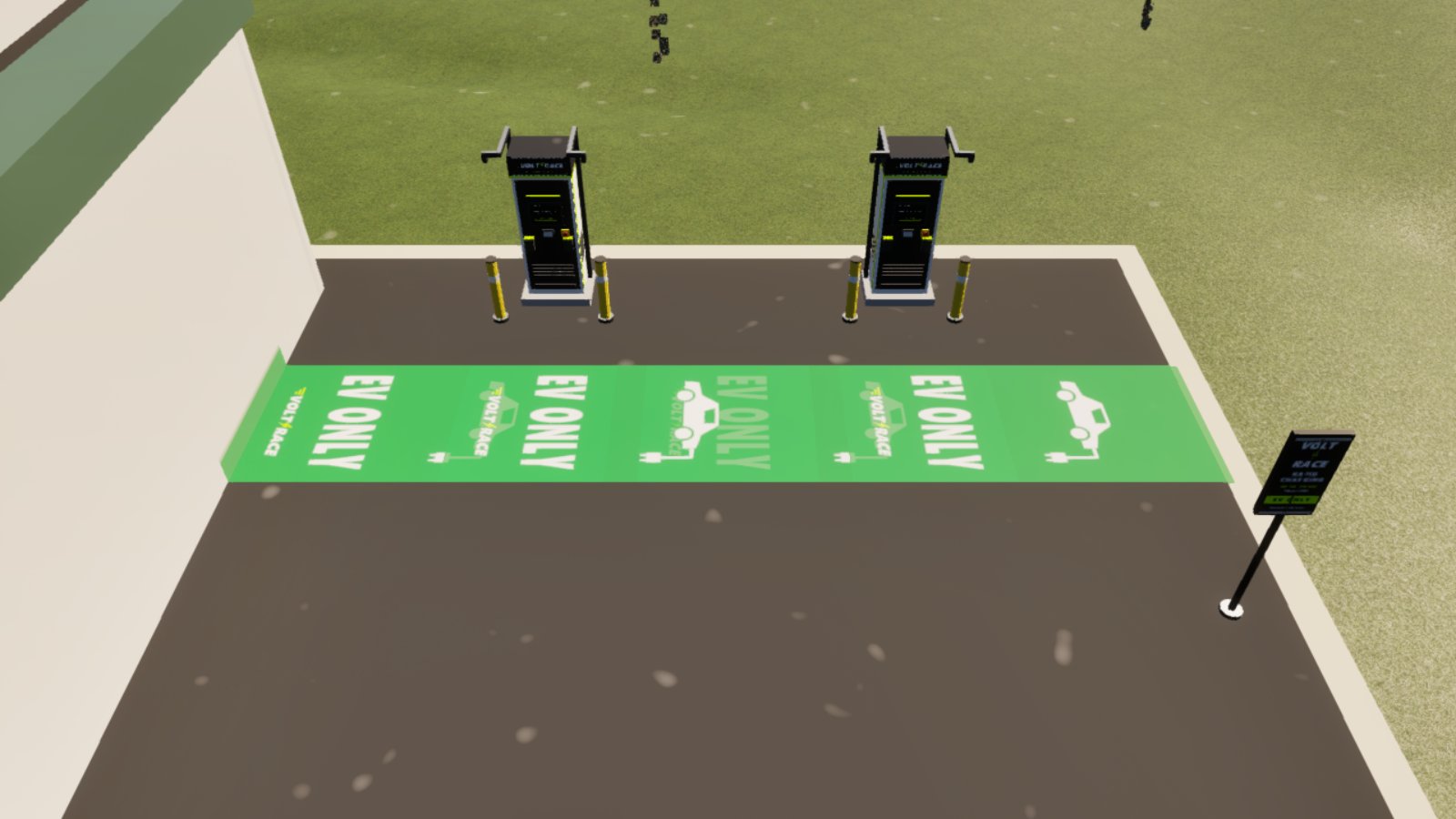 Looking down on a small tarmac forecourt with two black and white rapid chargers, each between two yellow bollards. In front of them a single long green strip runs across the whole width of the tarmac, printed several times over with EV ONLY, a white car outline and the words VOLT RACE, all turned sideways. A small sign on a post stands to the right.