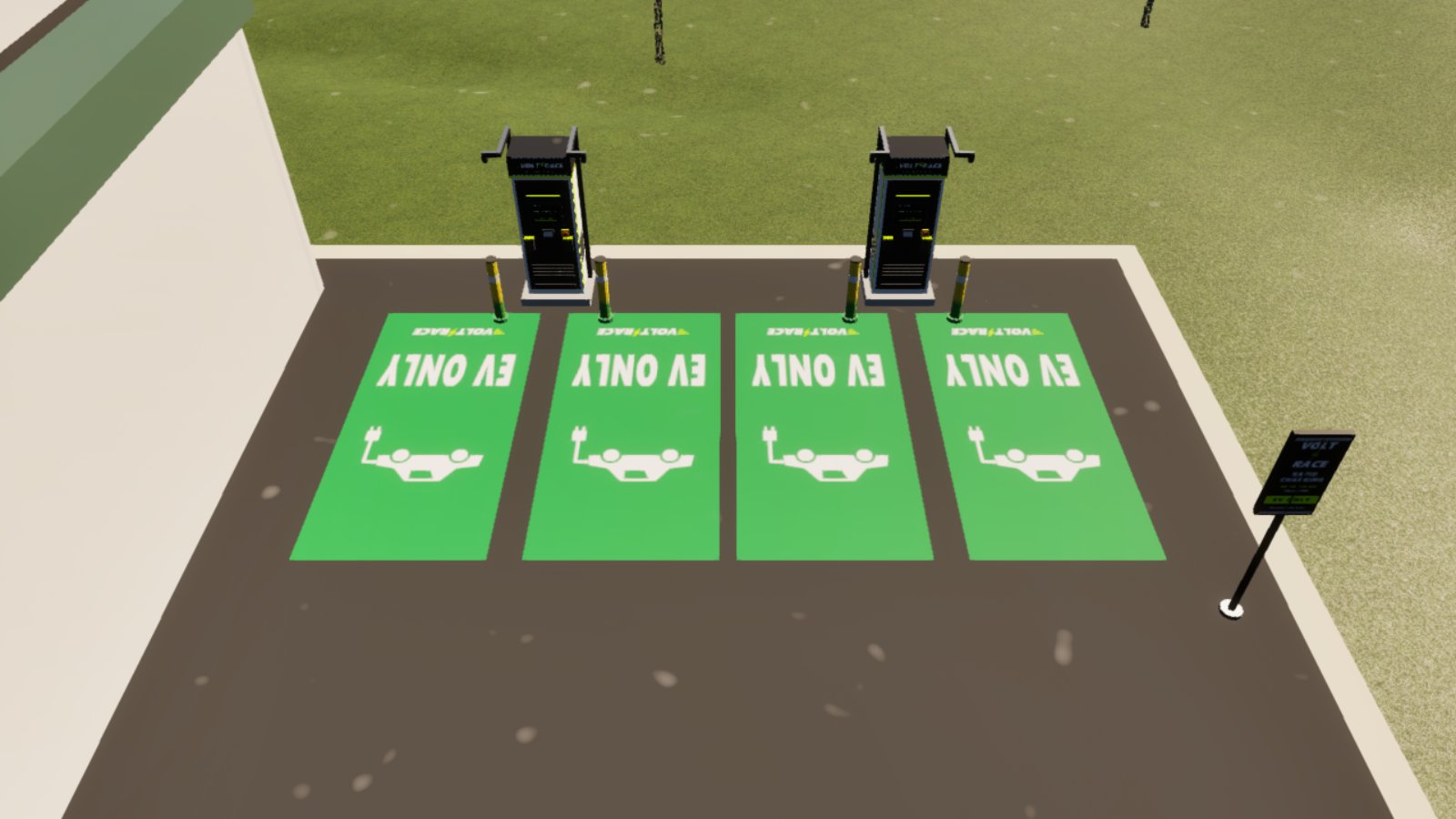The same forecourt with the green markings now split into four separate parking bays in front of the two chargers, but every bay is upside down: the words EV ONLY and VOLT RACE are inverted and the white car outline stands on its roof.
