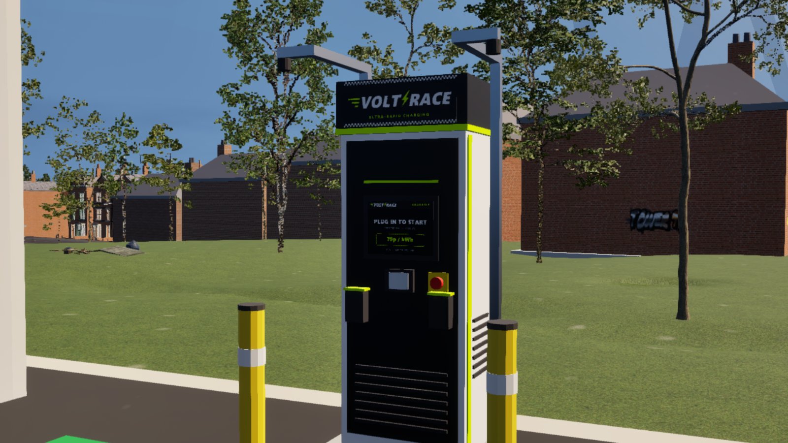A tall black and white rapid charger with a lime-green stripe and a lit header reading VOLT RACE, ultra-rapid charging. Its screen reads PLUG IN TO START with a price of 79p per kWh, above two holstered plugs and a red emergency button. Yellow and white bollards stand either side, with grass, trees and red-brick terraces behind under a blue sky.