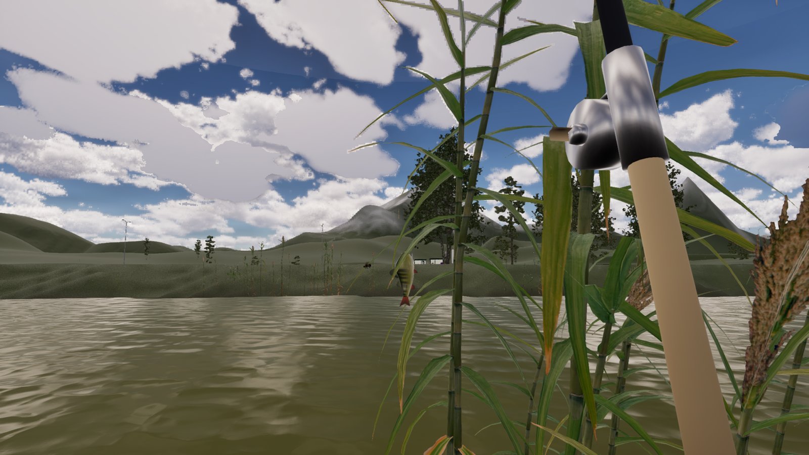 The fishing rod held near upright on the right of the frame, its reel close to the camera, and a small striped perch hanging head-up on the line in mid-air above the river, beside the reeds.