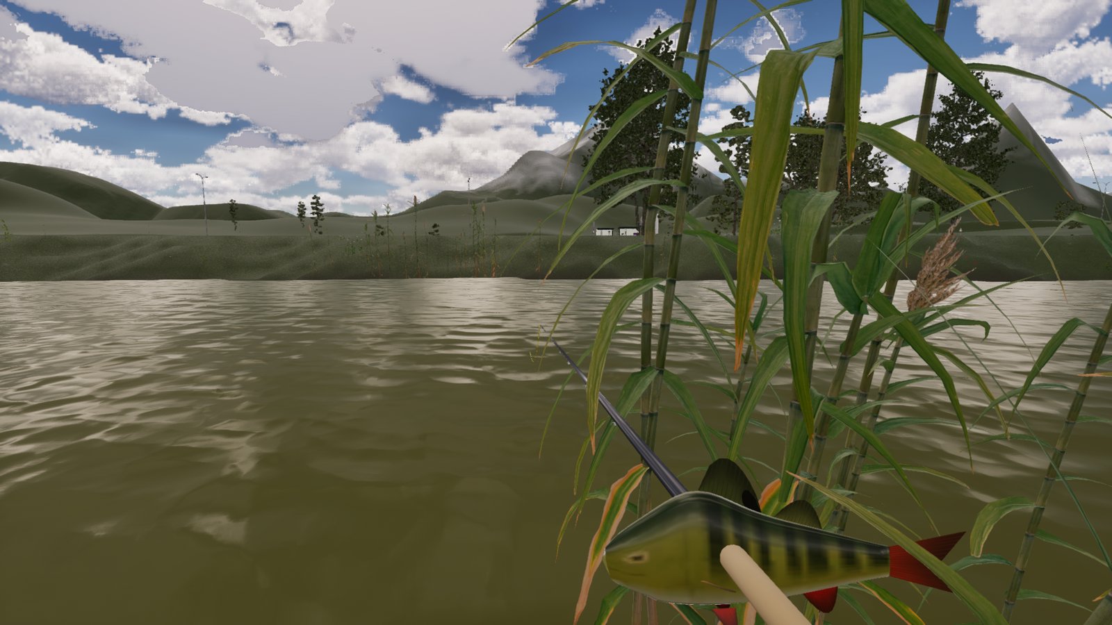 A first-person view across a wide brown river through tall reeds. A striped green perch with red fins sits in the bottom of the frame with the pale cork handle of the fishing rod passing straight through its body.