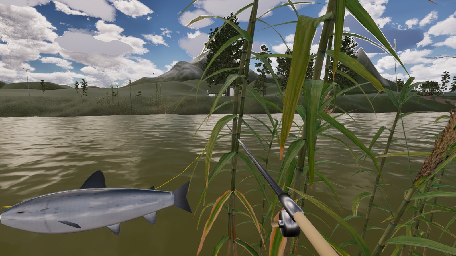 A large silver salmon held on the left of the frame above the river, the rod on the right. The yellow line now runs from the rod tip straight to the fish's mouth.