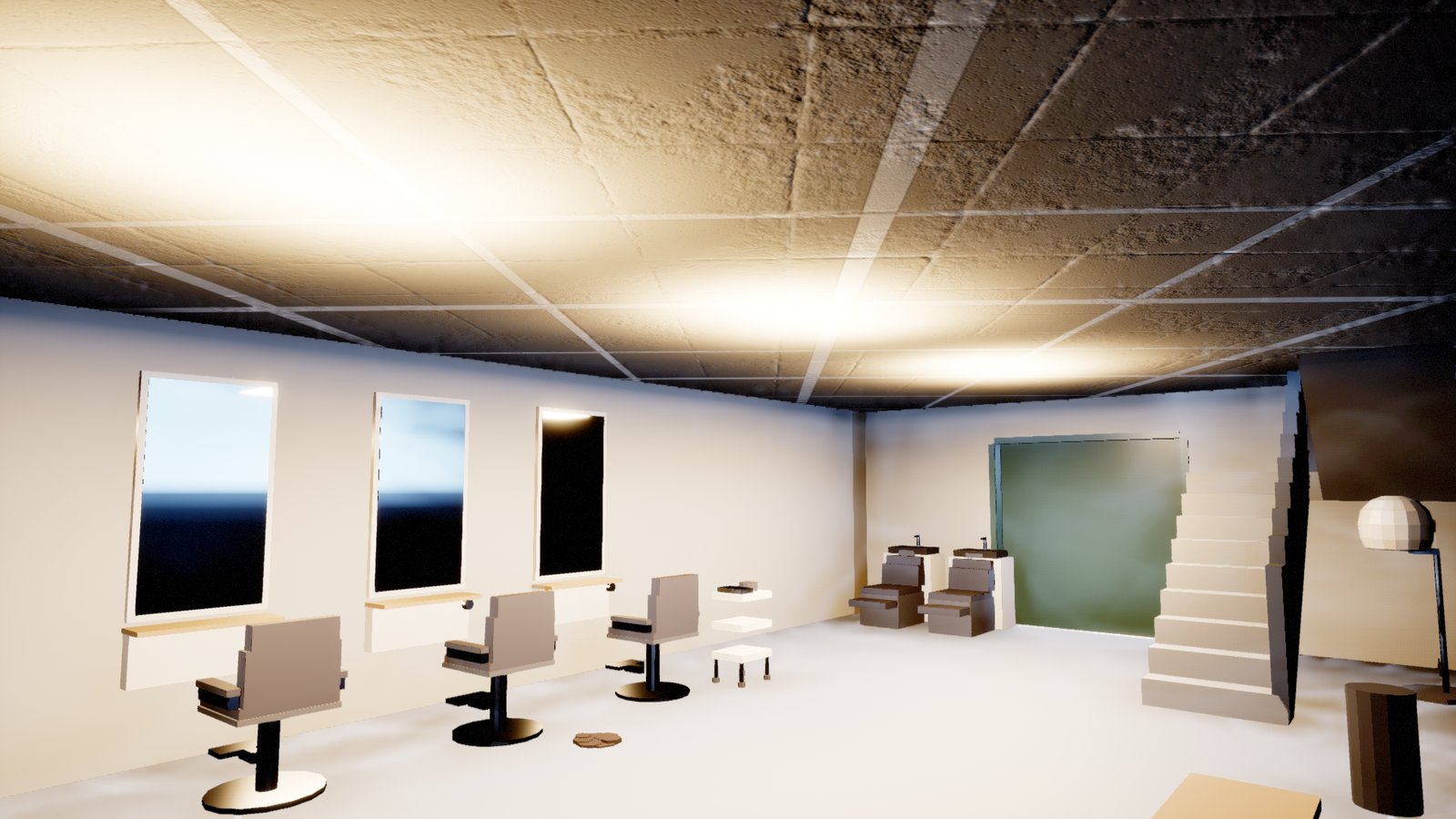 The same hairdresser's from a little further back. The suspended tile ceiling is now lit, with warm pools of light round each fitting, over the styling chairs, mirrors, basins and a staircase in the corner.