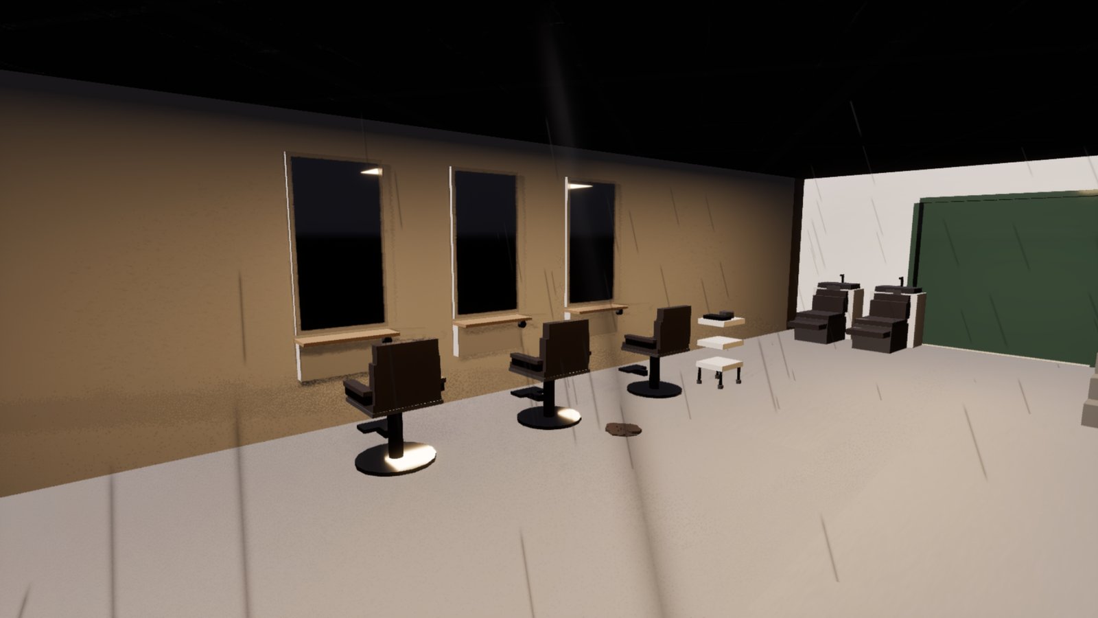 The inside of a hairdresser's: three black styling chairs face mirrors on a beige wall, with two backwash basins beyond. The walls and floor are lit but the ceiling above them is almost completely black.