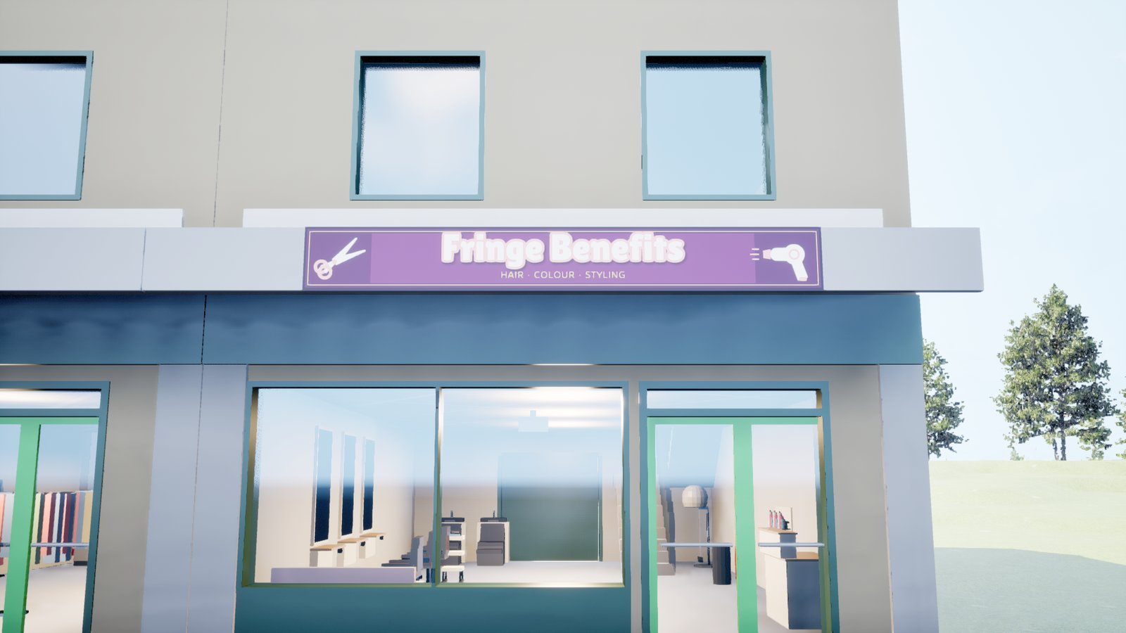 A parade shopfront in daylight. A plum-coloured sign on the canopy reads Fringe Benefits in cream letters, with scissors on the left and a hairdryer on the right, above wide windows showing the salon inside.