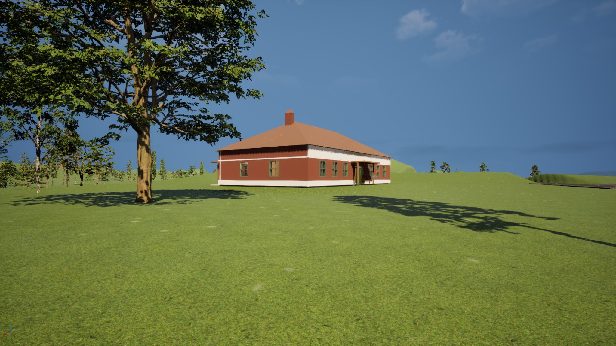 A single-storey red-brick clubhouse with a tiled hipped roof, white eaves band and a brick chimney, standing alone on a broad green hillside under a clear blue sky. A large broadleaf tree stands to the left casting a long shadow across the mown grass, and a low hedge line runs away behind the building to the right.