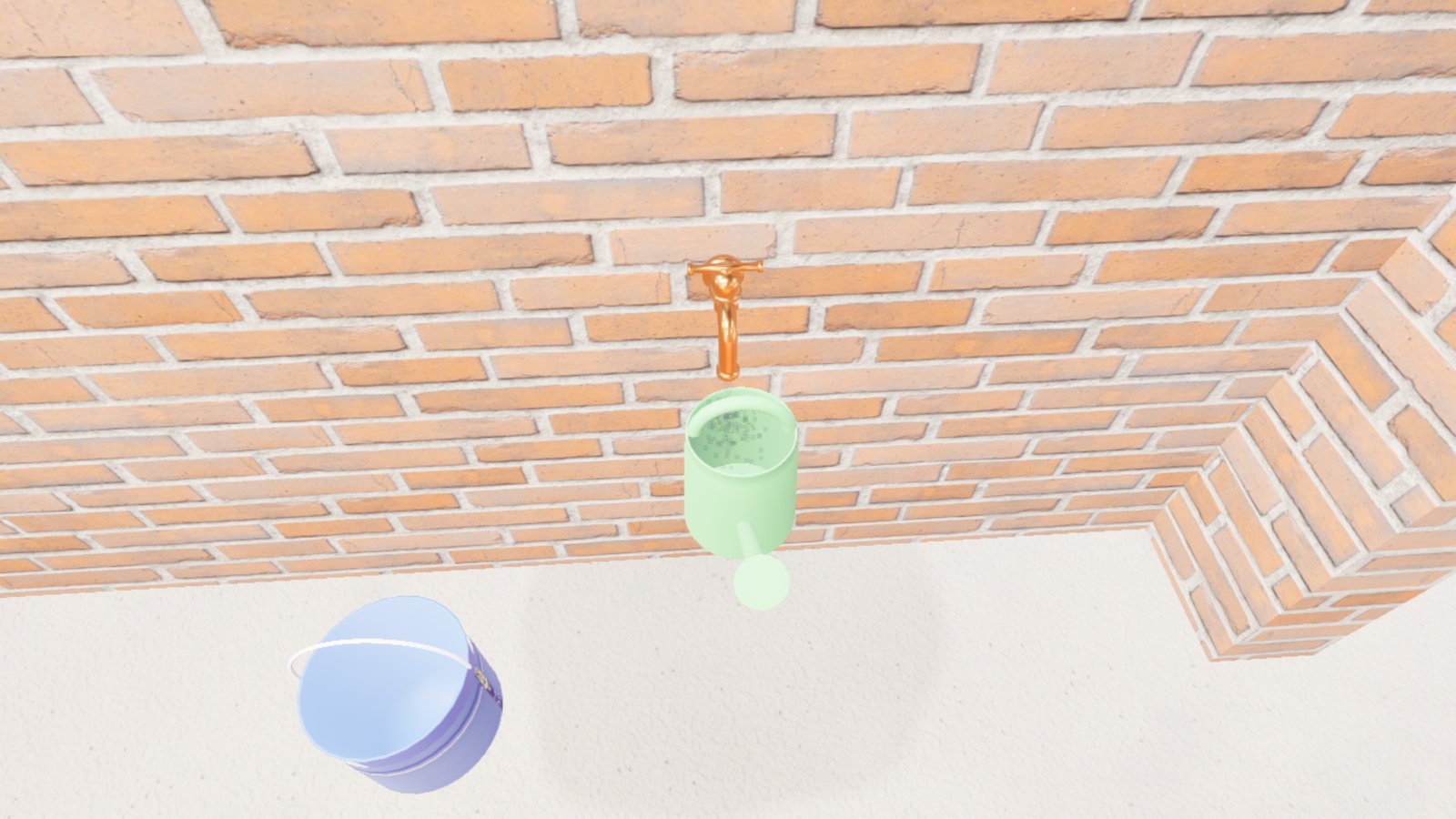 A pale green plastic watering can hangs in the frame directly under a brass tap on a red-brick cellar wall, its open top towards the tap. A lilac plastic bucket lies on the pale floor to the lower left.