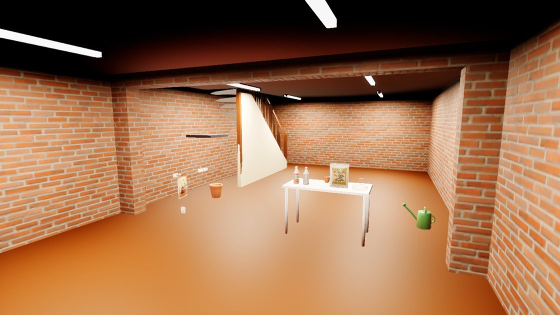 The same cellar with the strip lights dimmer. The red brick has its colour back, the floor reads orange-brown, and a green watering can and a small pot stand near the table.