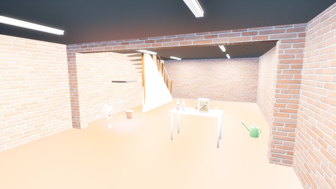 A brick-walled cellar lit by white fluorescent strip lights on the ceiling. The walls, floor and a white table with a few bottles and a bag on it are washed pale, and a stair rises at the back.