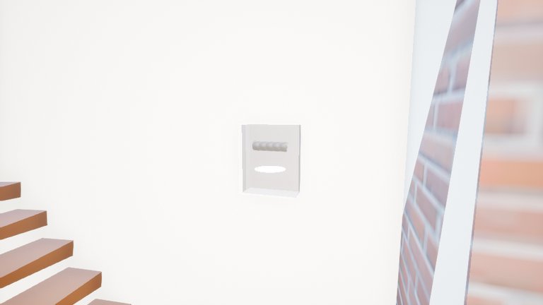 A very bright, almost white hallway with the foot of a wooden stair on the left. A small pale box on the wall shows a row of five grey digit drums and a white oval below them; everything else in the frame is washed out.