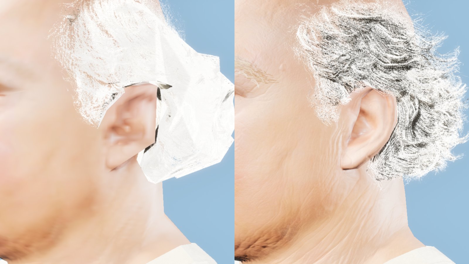 Two side views of the same man's ear and hair against a pale blue background. On the left the hair is a smooth pale crumpled sheet; on the right it is wispy grey and white strands.