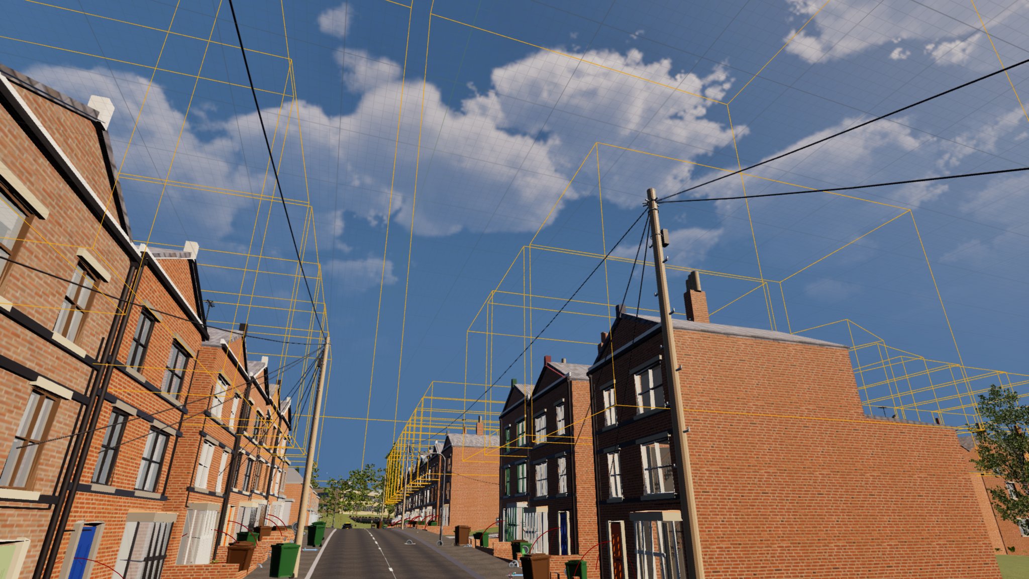The same terraced street with yellow wireframe boxes drawn over it in the editor. Each box encloses a short run of houses rather than the whole view, and the boxes step away down the street above the rooflines against a blue sky with cloud.