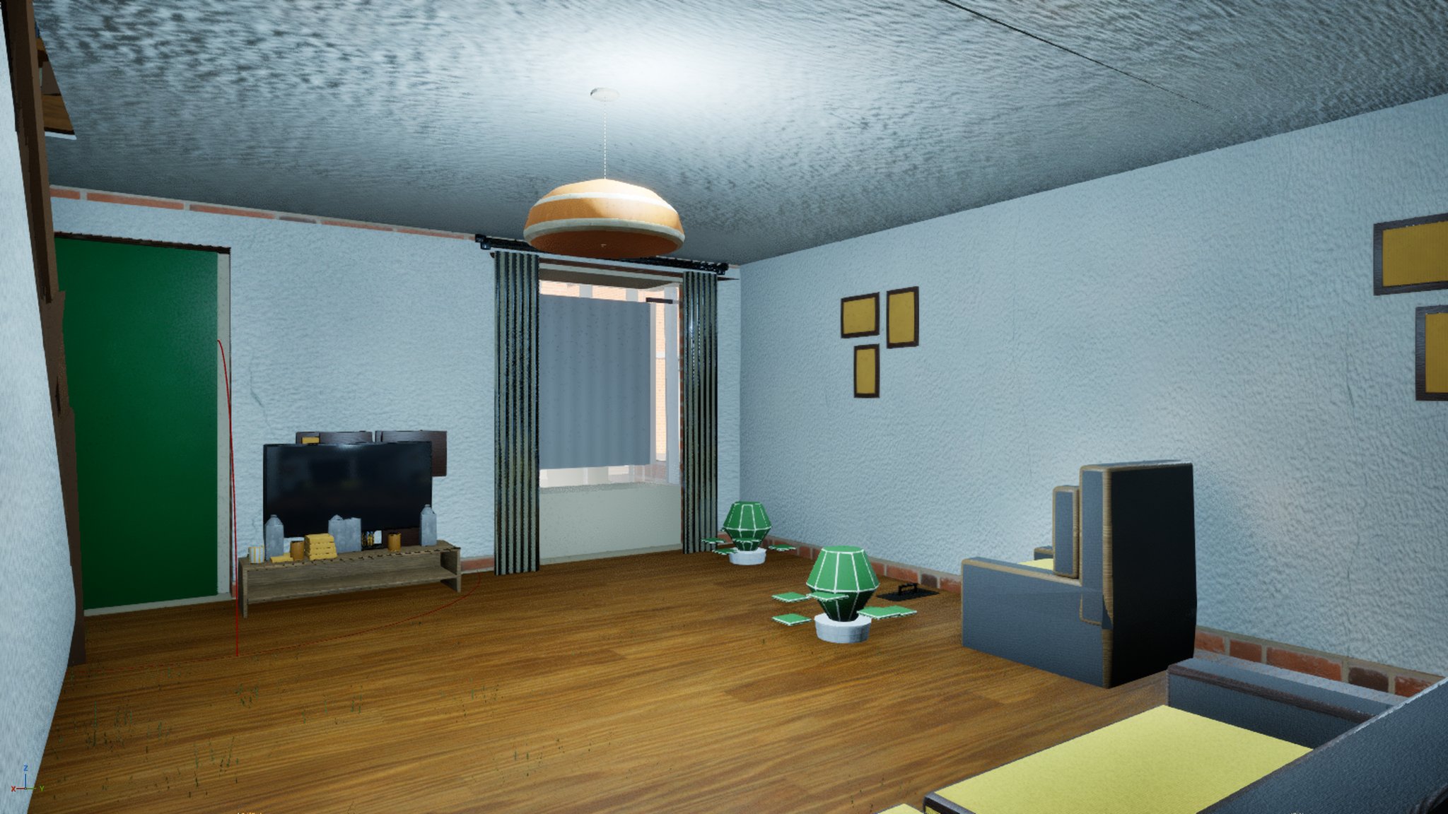 A terraced front room photographed from the doorway with a very wide lens and the camera perfectly level. Pale blue textured walls, a woodchip ceiling, a varnished wood floor, a drum pendant light and striped curtains drawn back from a bay window with brickwork visible outside. A flat television sits on a low wooden unit on the left, two green table lamps stand on the floor, and grey and yellow armchairs fill the right of the frame. A green painted door stands open on the left.