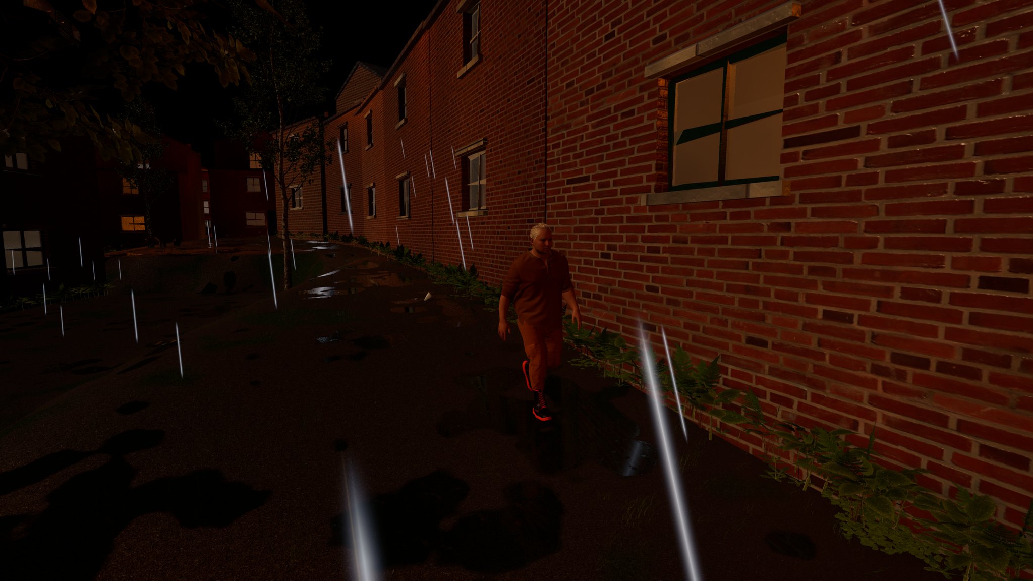 A grey-haired man in an orange council work shirt and trousers walks down a dark, rain-swept alley beside a red-brick terrace before dawn, one upstairs window lit.