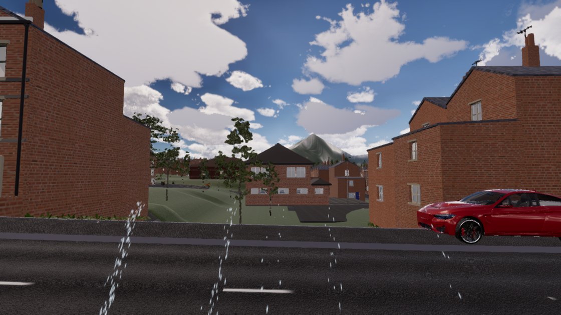 A test on a terraced street of red-brick houses: four thin white streams of water droplets arc down onto the road from the bottom of the frame, spaced out across it, with a red car parked on the right.