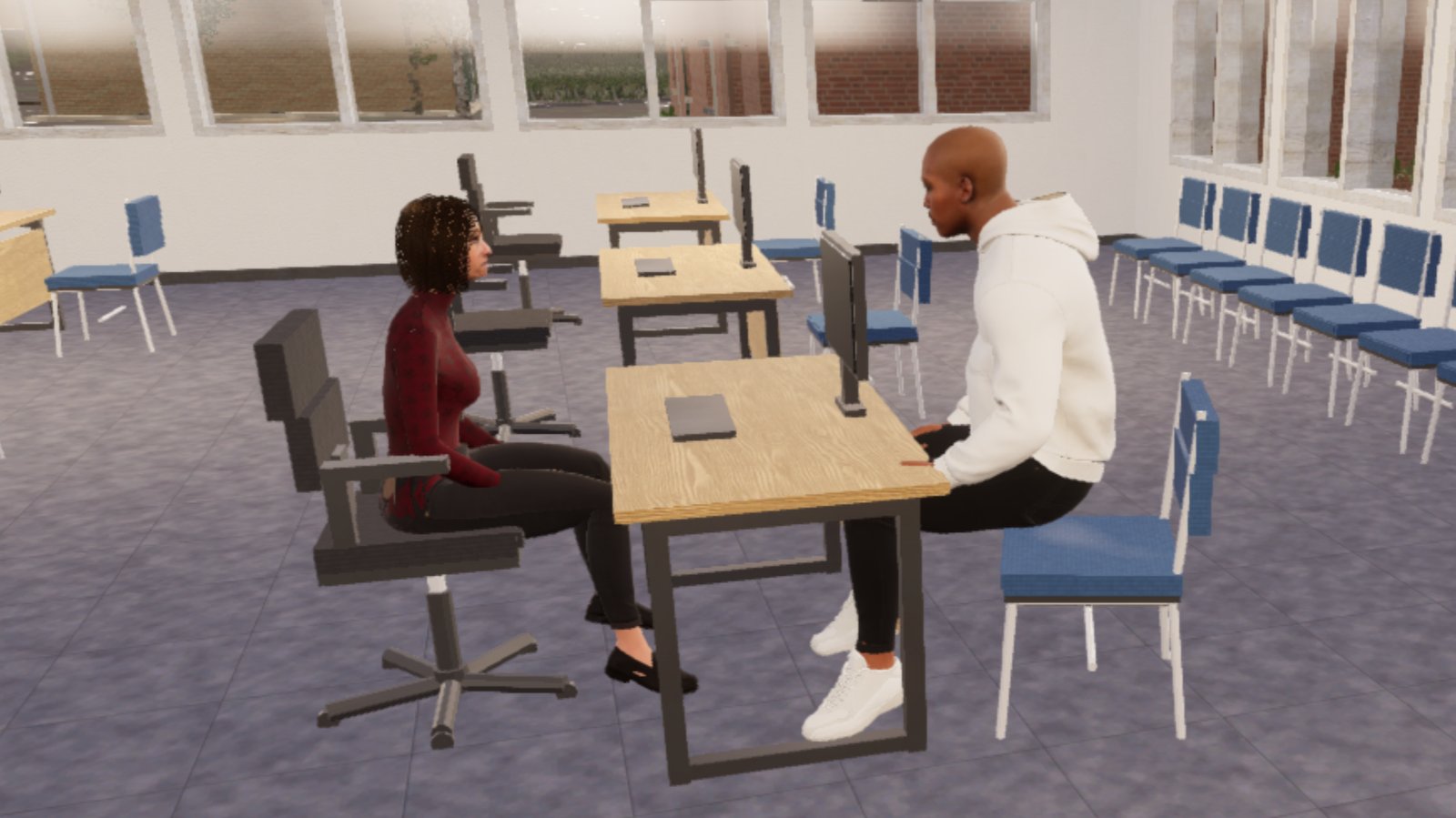 A job centre office with rows of blue chairs. At a desk an adviser in a red jumper sits on an office chair; across from her a man in a white hoodie sits in mid-air in front of his blue chair, nothing under him.