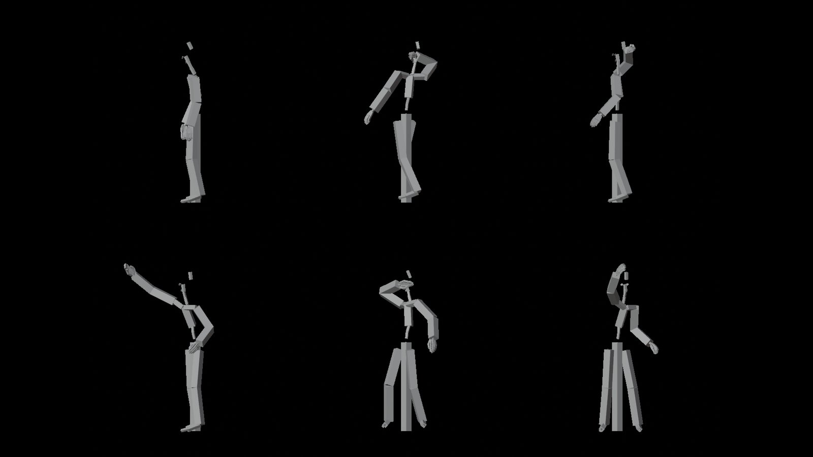 Six grey block figures on black, three seen from the side and three from the front, showing a standing pose, the throwing arm raised and cocked by the head, the arm thrown out straight forward, and the arm coming back down.