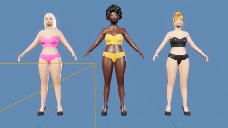Three women standing side by side in heels on a blue editor grid, arms slightly out. Left: platinum blonde braids, a pink PVC bustier and briefs. Centre: dark skin and an afro, a mustard-gold set. Right: pale skin and an orange updo, a black set. A thin orange box outline crosses the left of the frame.