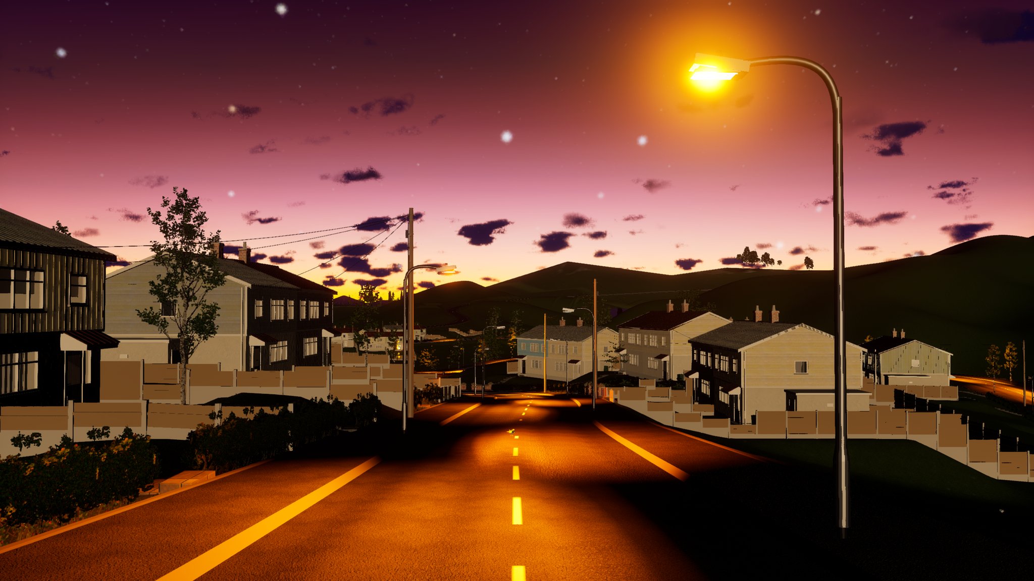 A road climbing between pairs of houses at dusk under a pink and purple sky. Orange street lamps are lit along both sides, a telegraph pole carries wires across to the houses, and the road's centre line glows orange in the lamplight.