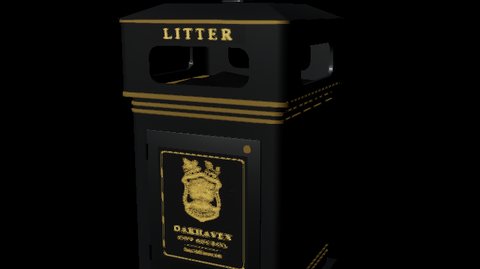 A black street litter bin on a black background, with gold bands, the word LITTER on the lid and a gold crest panel on the door reading Oakhaven City Council.