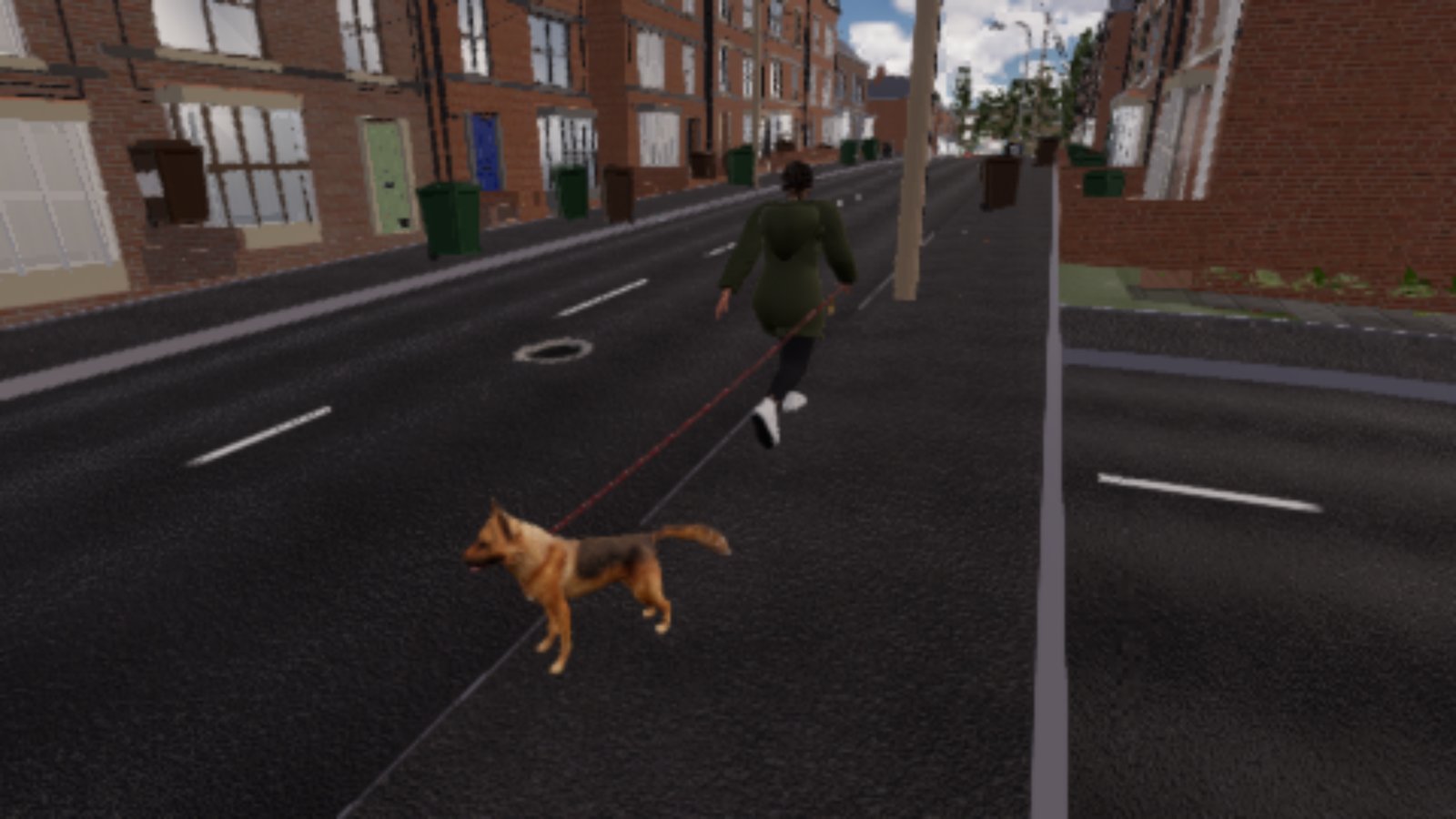 Seen from behind on a long terraced street, a woman in a green parka walks away up the road while a thin red lead runs from her right hand back to the collar of a German Shepherd standing on the tarmac in the foreground.