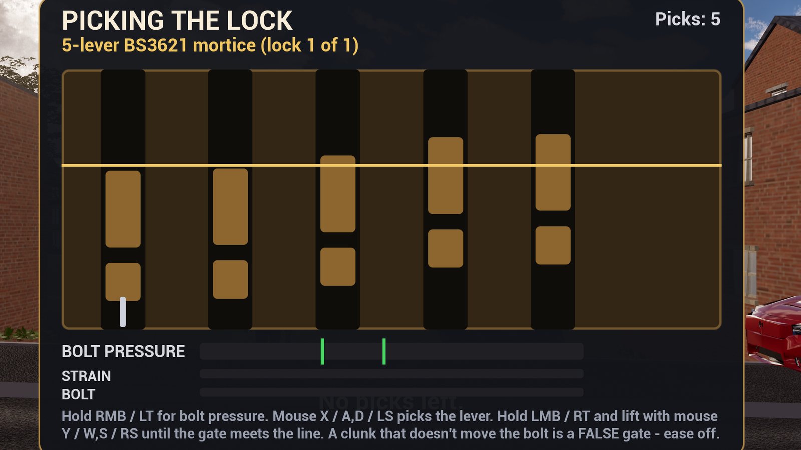 The same 5-lever mortice lock-picking panel. Every lever now sits inside the housing as a brass plate with a slot cut in it, a gold line across them all, and the pick inside the first column.