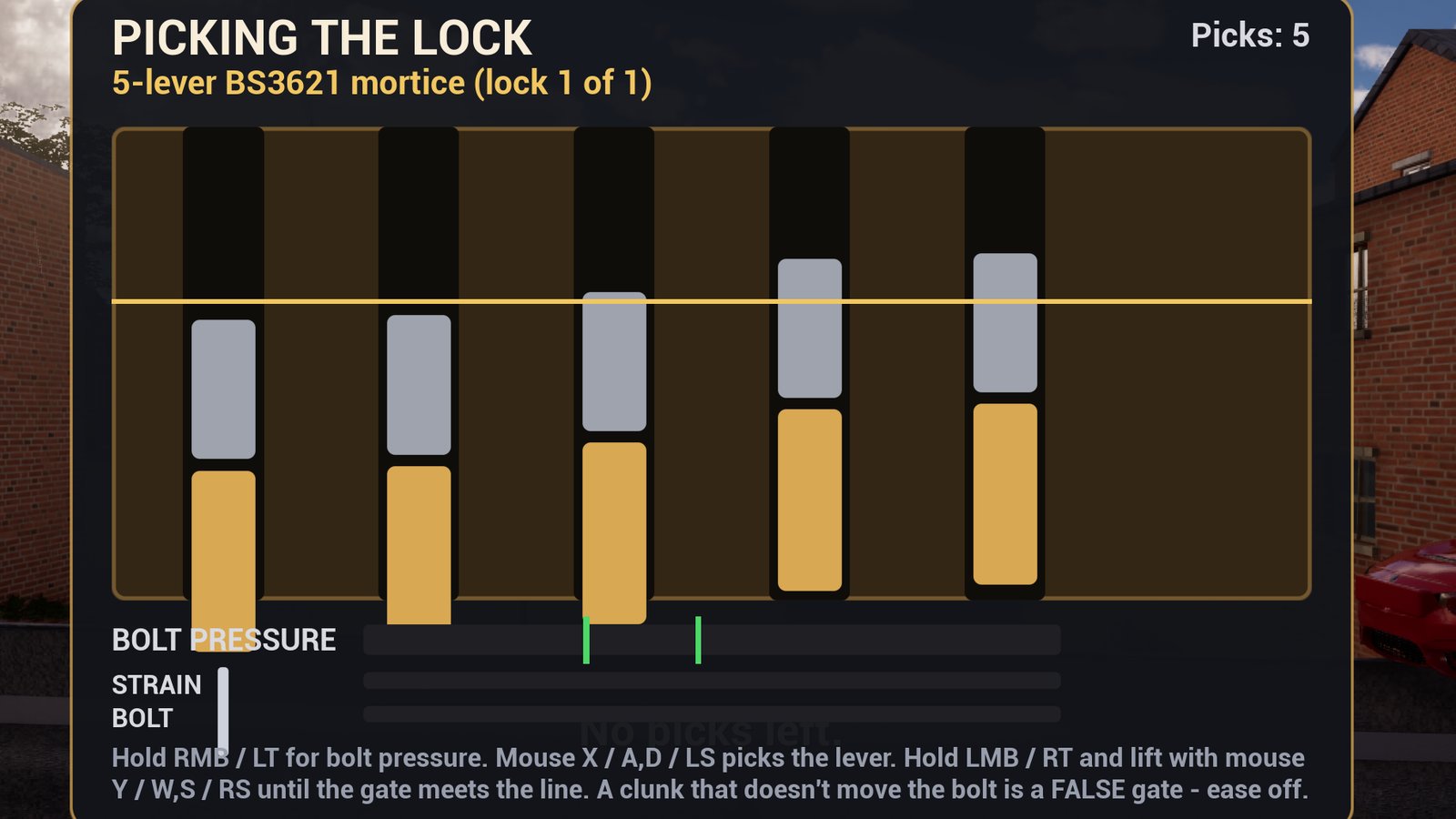 A lock-picking panel headed 'Picking the lock, 5-lever BS3621 mortice'. Five columns of grey and gold blocks; three of the gold blocks hang out of the bottom of the lock housing and over the Bolt Pressure label, with the pick sitting over the Strain label.