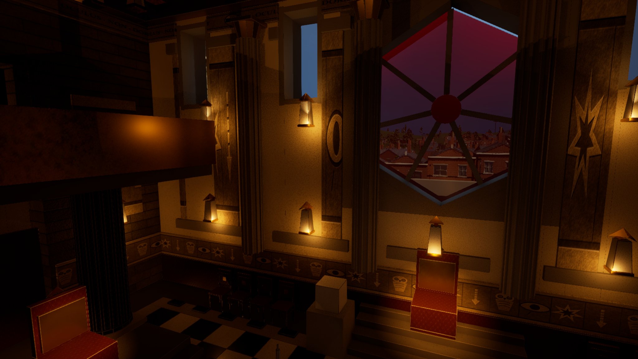 A large hexagonal window high in the wall of a dim temple interior at dusk. Seven spokes radiate from a dark red disc at its centre. The upper panes glow rose-red against the sky; through the lower panes a row of red brick terraced houses and chimney stacks is visible. Wall lanterns and a carved frieze of eyes and stars run along the wall below it.