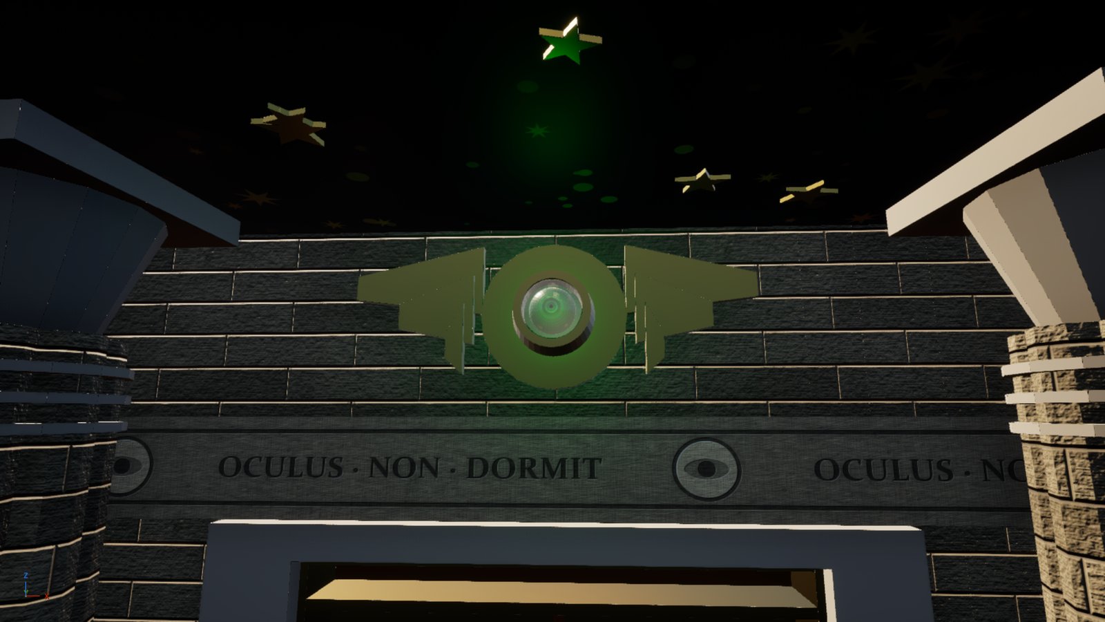 A green glowing eye set in a winged stone emblem above a doorway on a dark brick wall at night. Beneath it a carved band reads OCULUS NON DORMIT between small roundels, and stone columns stand to either side.