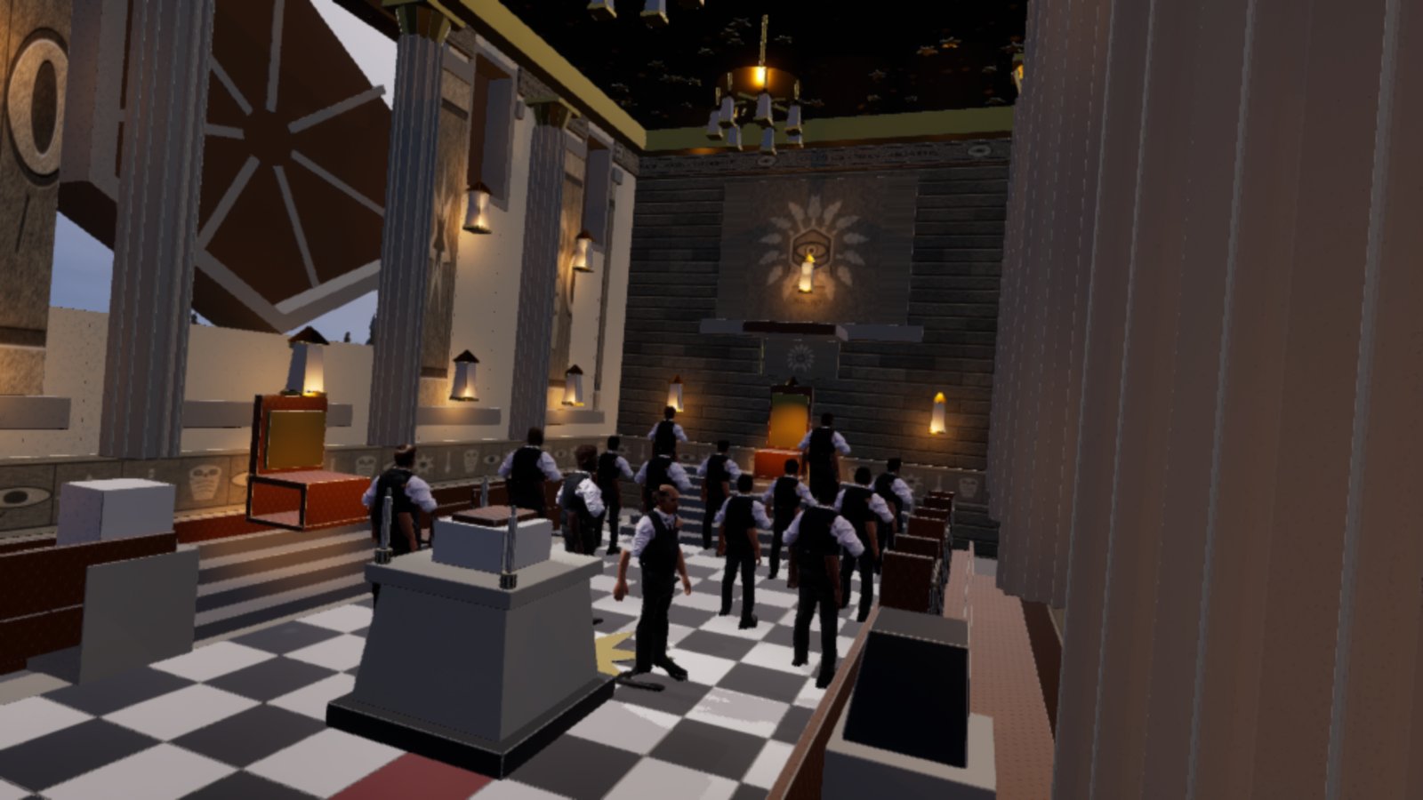 The inside of a tall temple hall with a black and white chequerboard floor, seen over the shoulder of the last man in. Fourteen men in black waistcoats and white shirts stand in loose rows facing a raised dais with a throne on it. A large hexagonal window with spoked bars fills the wall to the left, and wall lanterns burn down both side walls.