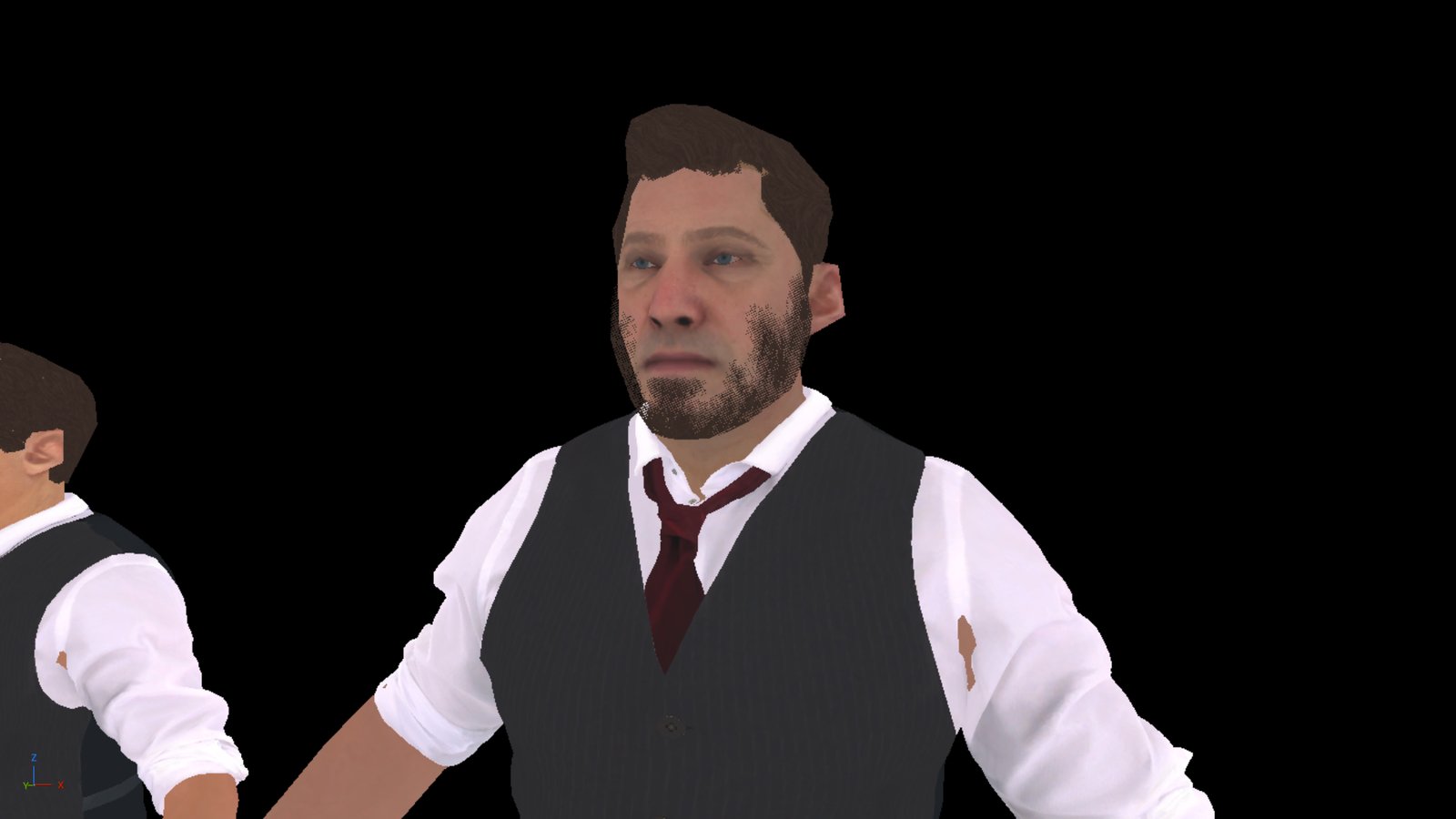 A head and shoulders render of a middle-aged man against a plain black background. He has brown hair, a short stubble beard and a dark grey waistcoat over a white shirt with the sleeves rolled, and a dark red tie. A second man stands out of frame to the left.