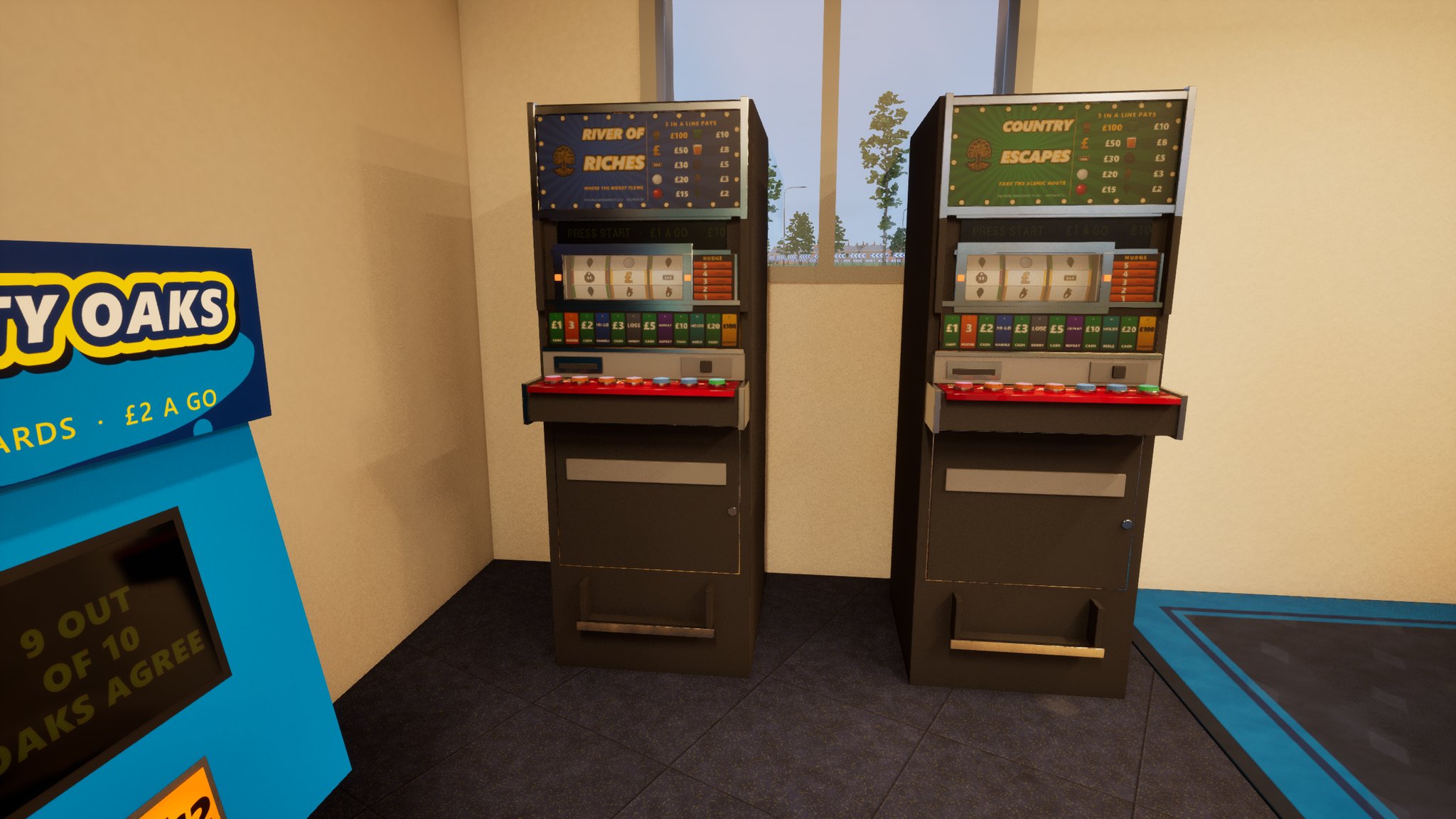 Two British fruit machines standing side by side against a cream wall in a betting shop, lit by daylight from a window between them. The left machine's glass reads River of Riches in gold on blue, the right one Country Escapes in gold on green, each with a three-in-a-line prize table, three reels, a nudge ladder, a row of coloured feature lamps and a red button deck. A blue scratchcard display board stands at the left edge.