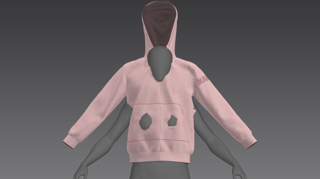 A pale grey mannequin figure standing on a plain grey background in a garment tool, wearing a blush pink hooded top. Both bare arms hang outside the sleeves, which are empty and float away from the body on either side. The hood stands up stiffly behind the head rather than over it, and the grey torso comes straight through the front panel of the garment, leaving two ragged holes where the pocket would be.