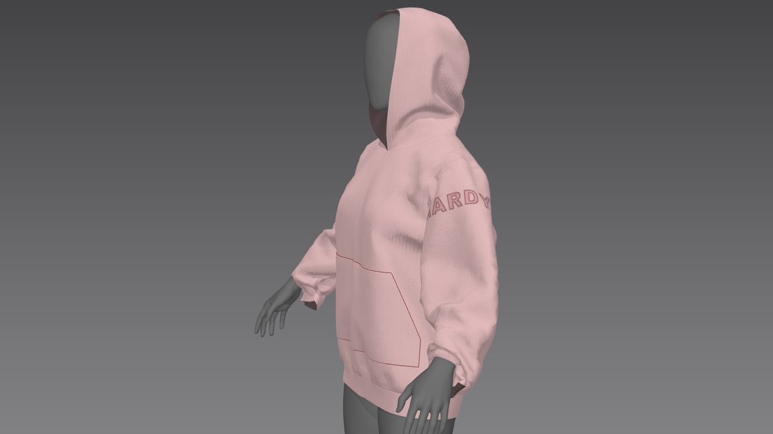 The same figure, turned to the side, now wearing the blush pink hoodie properly: both arms are through the sleeves, the cuffs gather at the wrists, the hood is up over the head and the hem sits on the upper thigh. The word MARDY is printed in a darker pink across the shoulder and upper sleeve. A red outline of the kangaroo pocket is visible on the front panel.