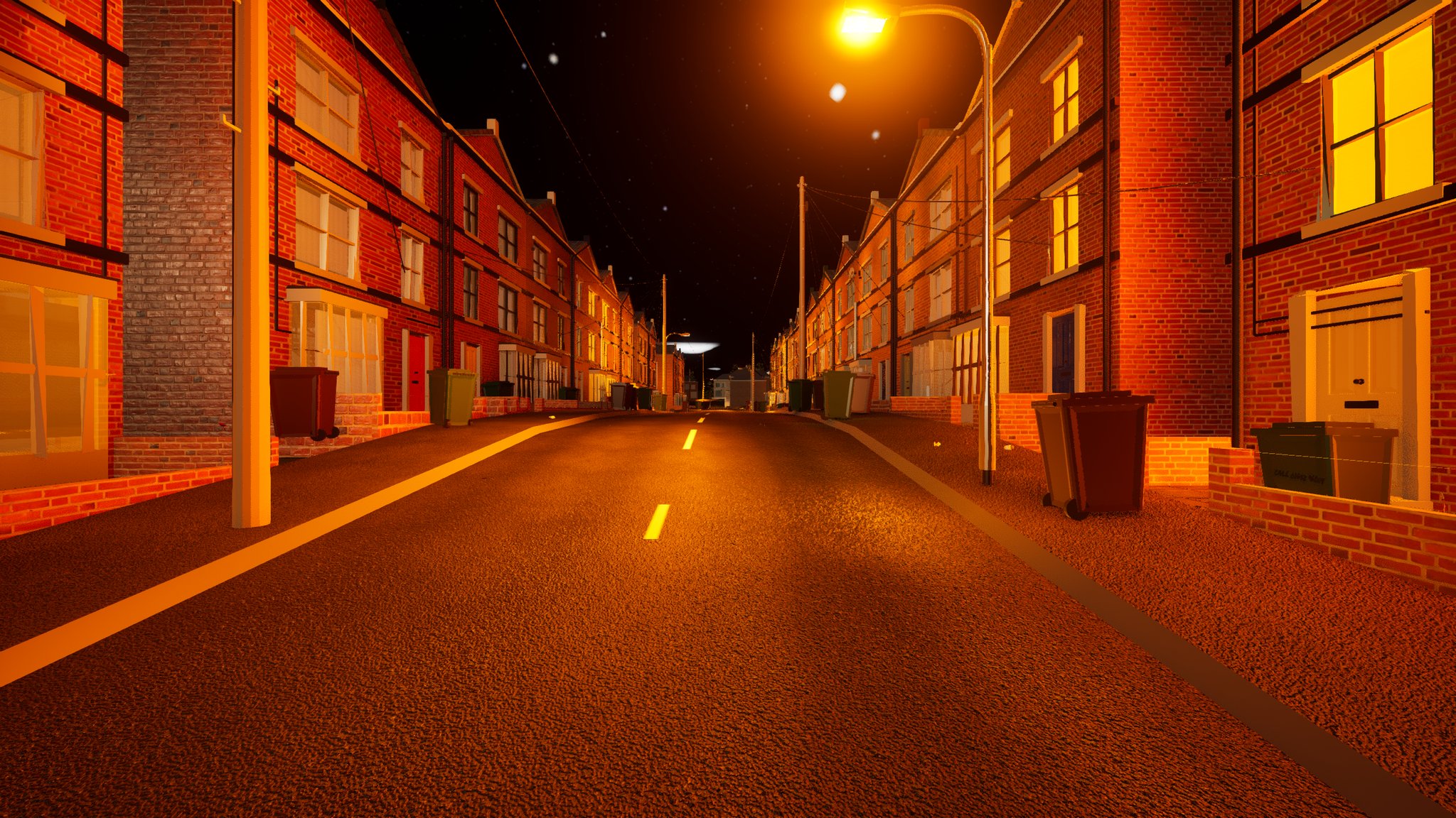 A red-brick terraced street at night seen from the middle of the road, lit orange by a sodium street lamp on the right. Wheelie bins stand on both pavements, the upstairs windows glow yellow, the yellow centre line runs away between the houses and the sky above is black with a few stars.