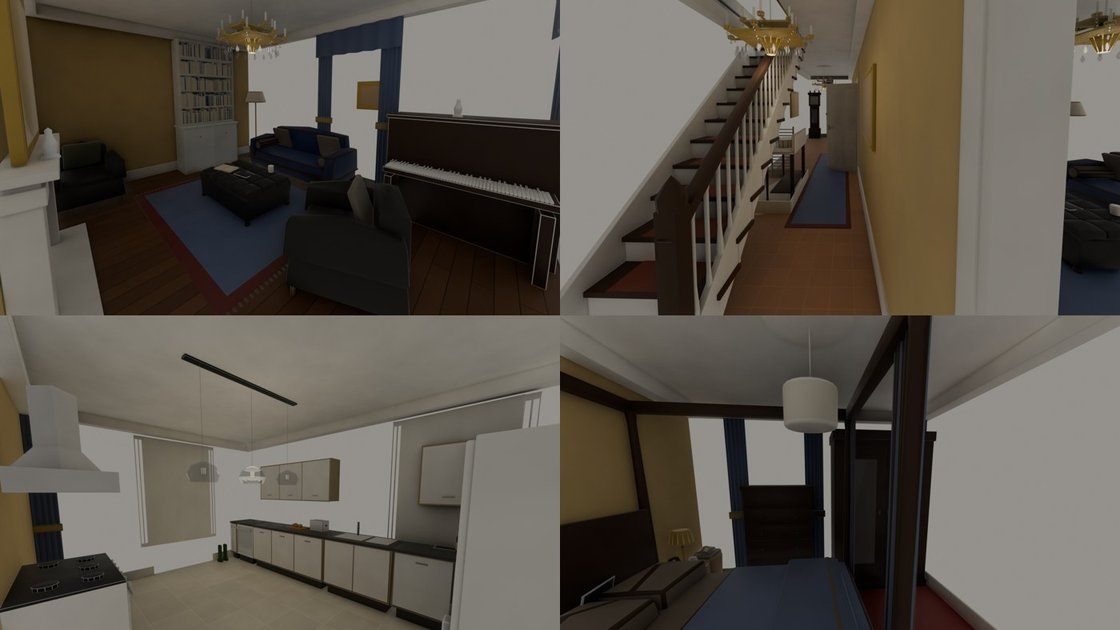 Four Blender renders of one furnished house: a drawing room with a chesterfield, a rug, a piano and a crystal chandelier; a hall with a turned-baluster staircase, a runner and a longcase clock; a fitted kitchen; and a bedroom with a four-poster bed.