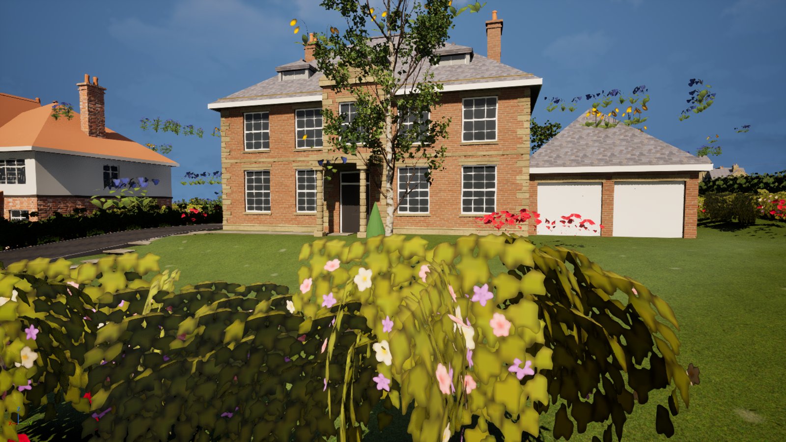 A large red-brick Georgian-style house with a stone porch and a double garage, a lawn in front and a flowering shrub in the foreground. Clumps of blue, yellow and red flowers hang in the sky above the garage roof and beside the house, metres off the ground.