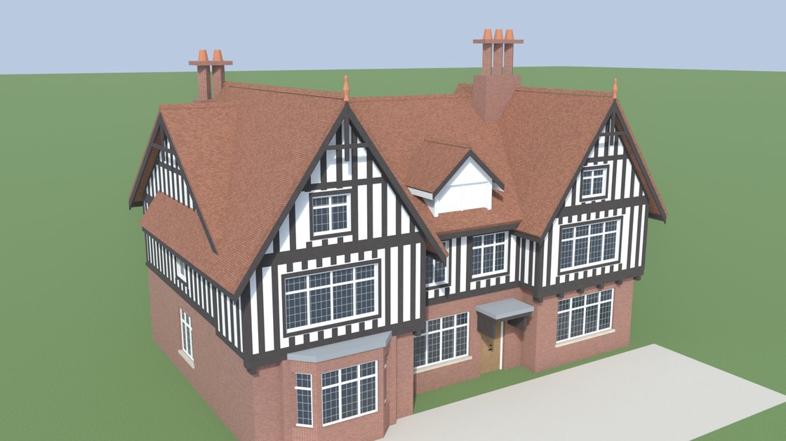 A large detached house rendered in Blender on flat green ground: red brick ground floor, black and white mock-Tudor timbering above, steep red tiled gables, tall chimneys with terracotta pots, a bay window and a pale driveway in front.