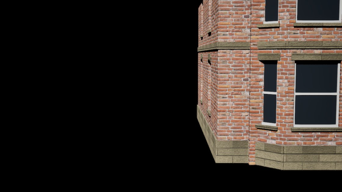 A close view in Unreal Engine of the corner of a red brick house on a black background: textured brickwork, a stone plinth and stone bands, and dark sash windows with pale frames.