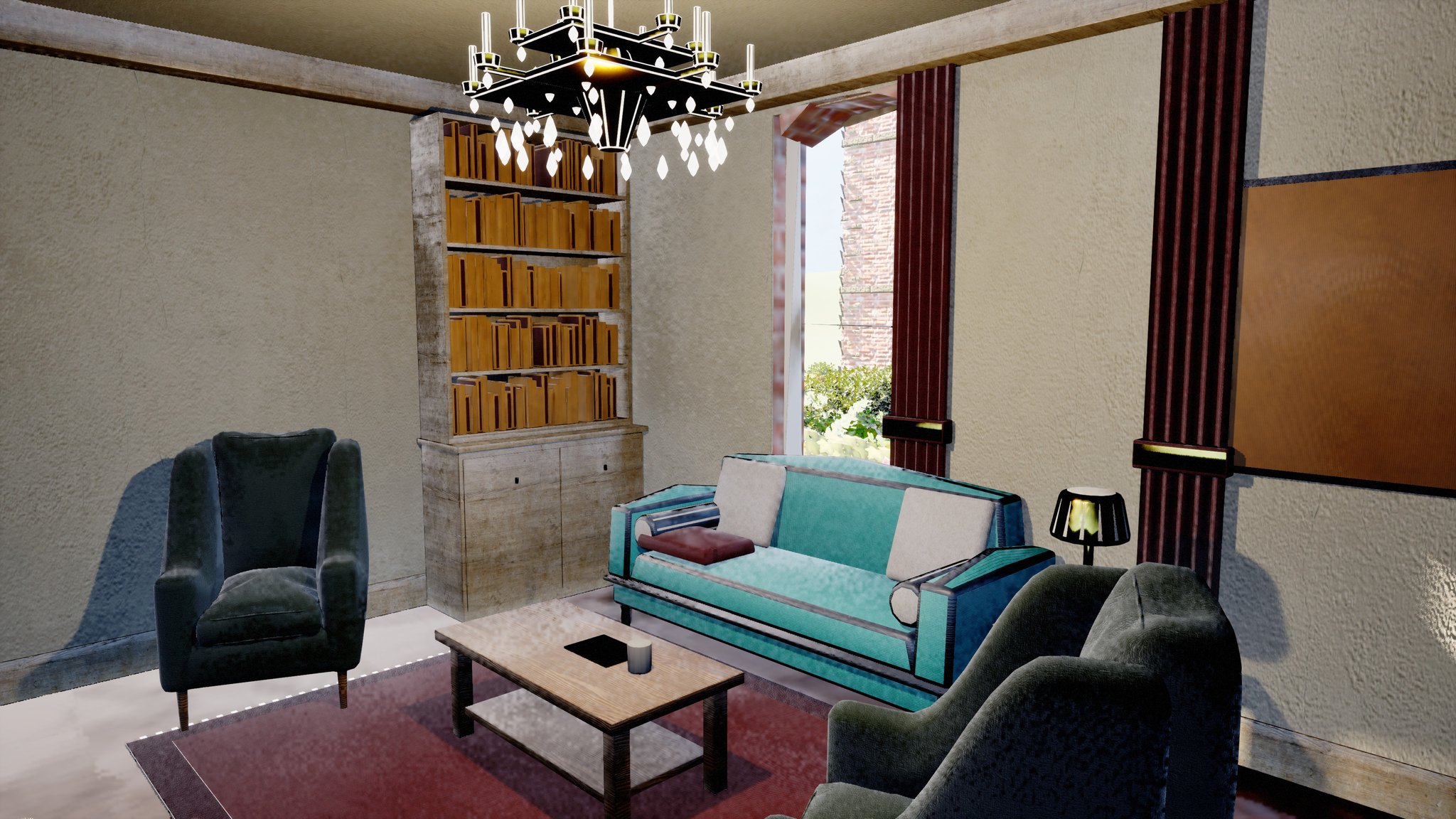 An in-engine drawing room in one of the upmarket estate houses: a teal sofa with cushions, two dark green armchairs, a low wooden coffee table on a red rug, a bookcase, a crystal chandelier and long red curtains tied back from a window onto the garden.